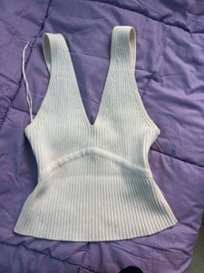 White Ribbed V-Neck Top