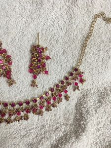 Gold Plated Party Wear Pink Necklace Set For Women