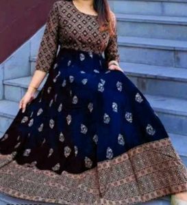Elegant Navy &amp; Gold Print Anarkali