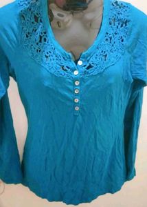Teal Crochet Trim Button-Down Top