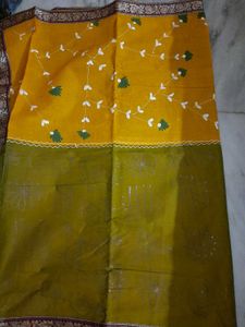Beautiful Hand Painted Yellow &amp; Olive Green Sari