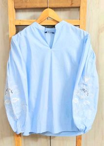 Blue Embroidered Sleeve Top Size-42