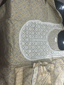 Not Used Khakhi Printed Kurta Set Size L