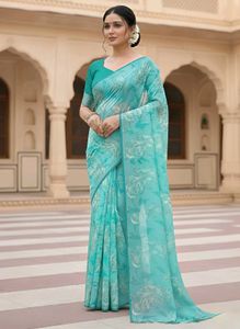 Elegant Aqua Blue Floral Saree