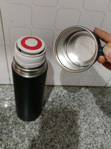 Matte Black Steel Water Bottle With Teacup