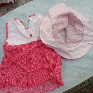 Red  &amp; White Sleeveless Frock with Hat