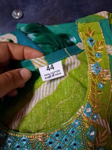 Green Printed Kurta Set Cotton 44 Size