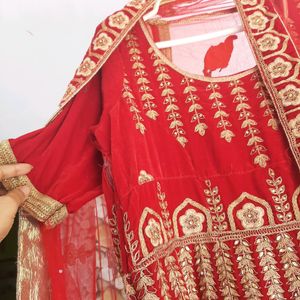 Bridal Red Velvet Zardozi Worked Gown