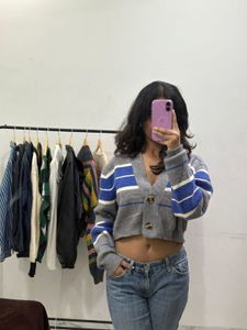 Blue And Grey Short Oversized Cardigan