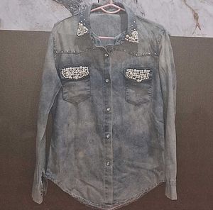 Combo Of Denim Shirt With Floral printed Jacket