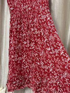 Red Floral Print Smocked Dress