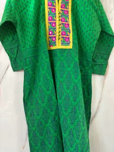 Bottle Green Kurti With Yellow Embroidery
