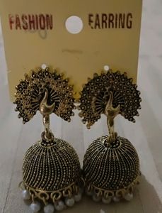 Oxidised Gold Peacock Jhumki
