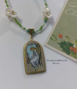 Angel By The Window Clay Pendant Necklace Green