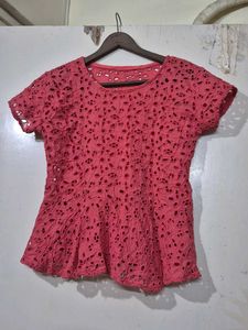 Pink Eyelet Peplum Top