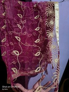 Dark Pink Embroidery Net Dupatta