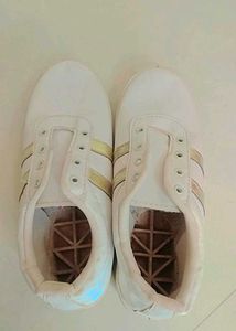 White &amp; Gold Stripe Sneakers