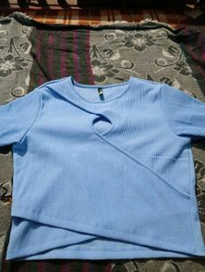Blue Ribbed Cutout Top