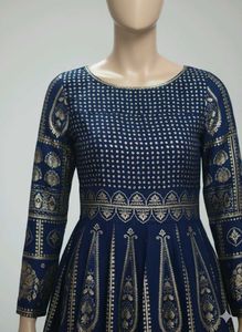 Blue Round Neck Embellished Mughal Gown