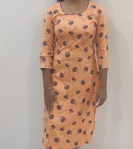 Round Neck Long Kurti 3/4th Sleeves (Orange, XXL)