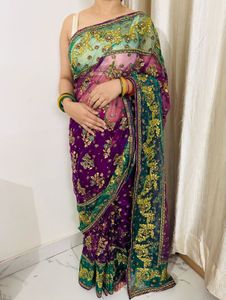 Regal Emerald Purple Embroidered Saree