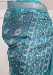 Teal Floral Print Saree With Blouse