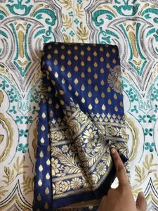 unused Elegant Navy Blue Banarasi Saree