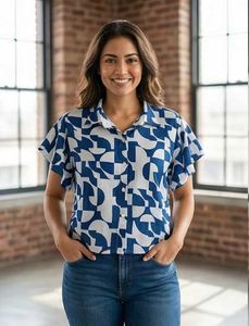 Stylish Blue & White Print Top