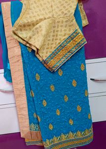 Elegant Blue Saree with stitched blouse