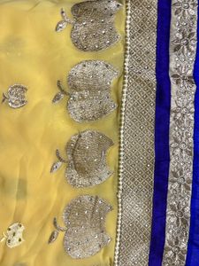 Elegant Yellow & Blue Sari With Zari Thread Work