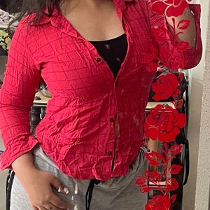 Red Textured Button-Up Shirt