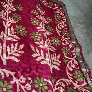 Maroon Embroidered Sari Fabric