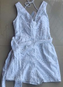 White Schiffli Tie Waist Playsuit