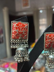 Square Red Jhumka Earrings