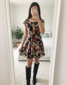 Cute Floral Pixel Print Fit & Flare Dress