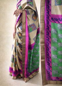 Elegant Printed Cotton Saree – Green &amp; Pink