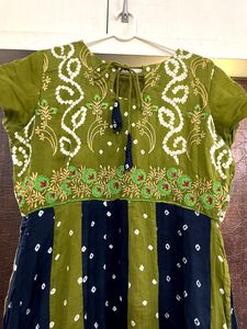 Pure Bandhani Flared Kurta With Hand Embroidery