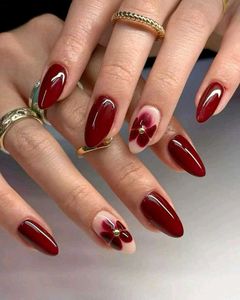 Burgundy Floral Presson Nails