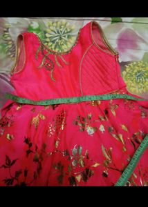 Watermelon Color Rich Look Silk Frock  With Golden Thread Work In The Neck