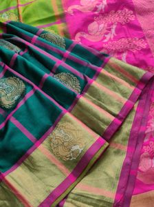 Green &amp; Pink Checkered uppada silk Saree