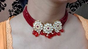 Red and Gold Choker Necklace with Earrings