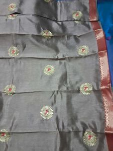 BrandNew Biege TussarSari with Red&amp;Gold Embroidery