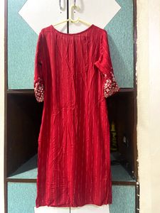 Long Red kurti with white embroidery