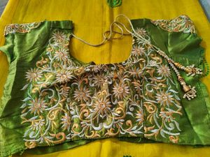 Yellow Sari with Embroidered Border