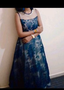 Blue Floral Illusion Neckline Dress