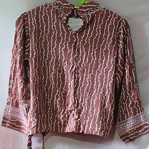 Brown Patterned Tie-Waist Blouse