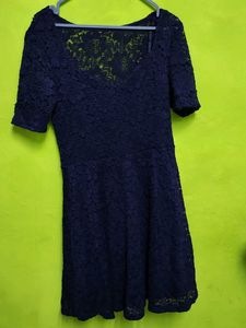 Backless Net Navy Blue Lace Fit & Flare Dress