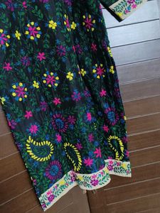 Women Black Cotton Silk Fulkari Embroidery Kurta