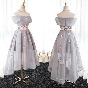 A-Line Off-Shoulder High-Low Gray Organza Prom Dre