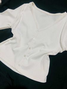 White Ribbed Button-Down Top